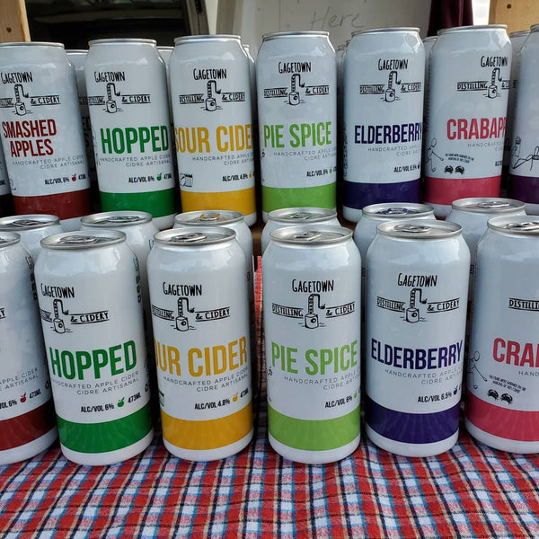 Colourful display of cider cans at the Gagetown Farmers Market